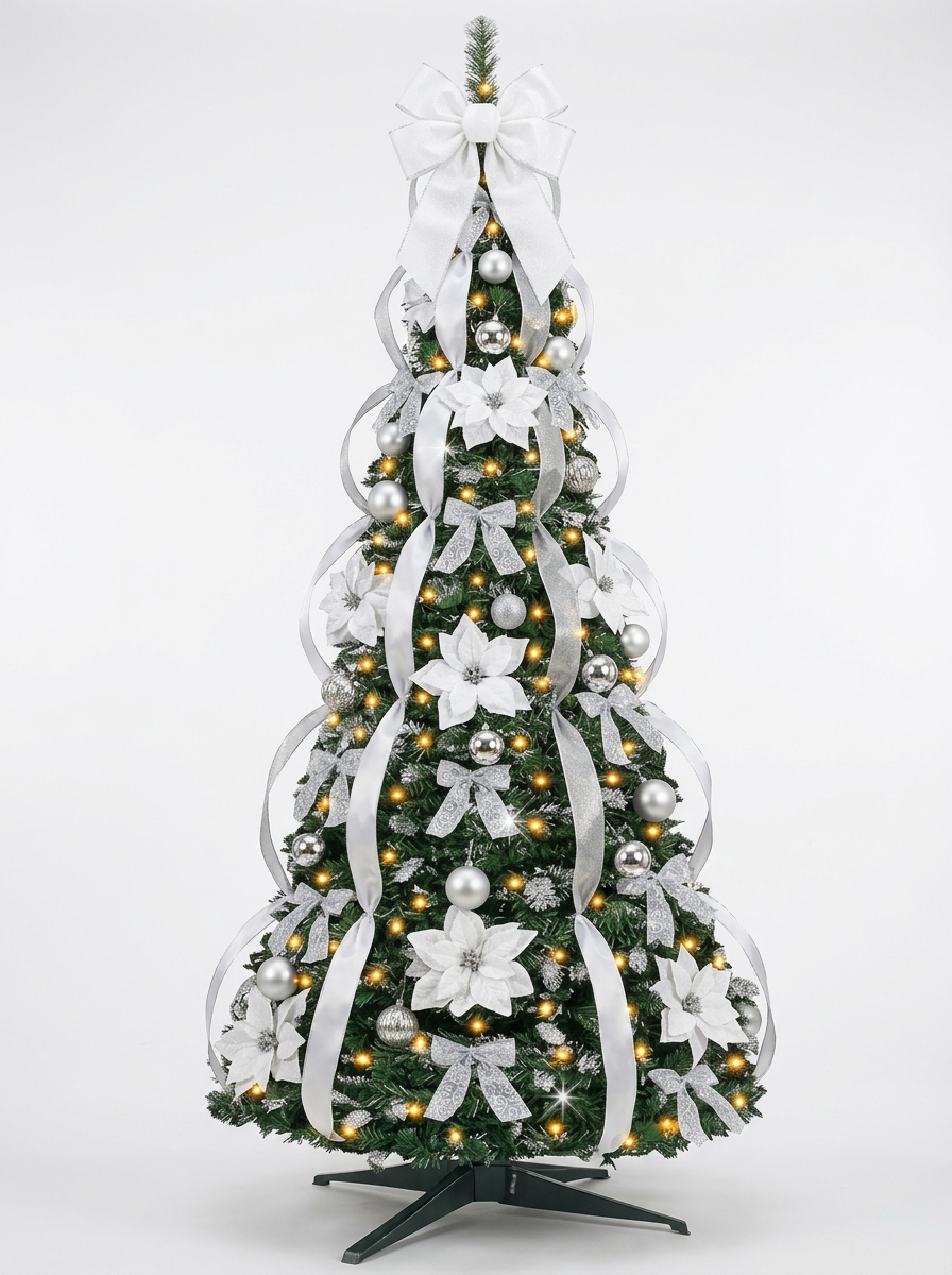 Árvore de Natal Decorada com Fitas Brancas e Bolas Prateadas, com folhagem verde, decoração abundante e base preta, em fundo neutro