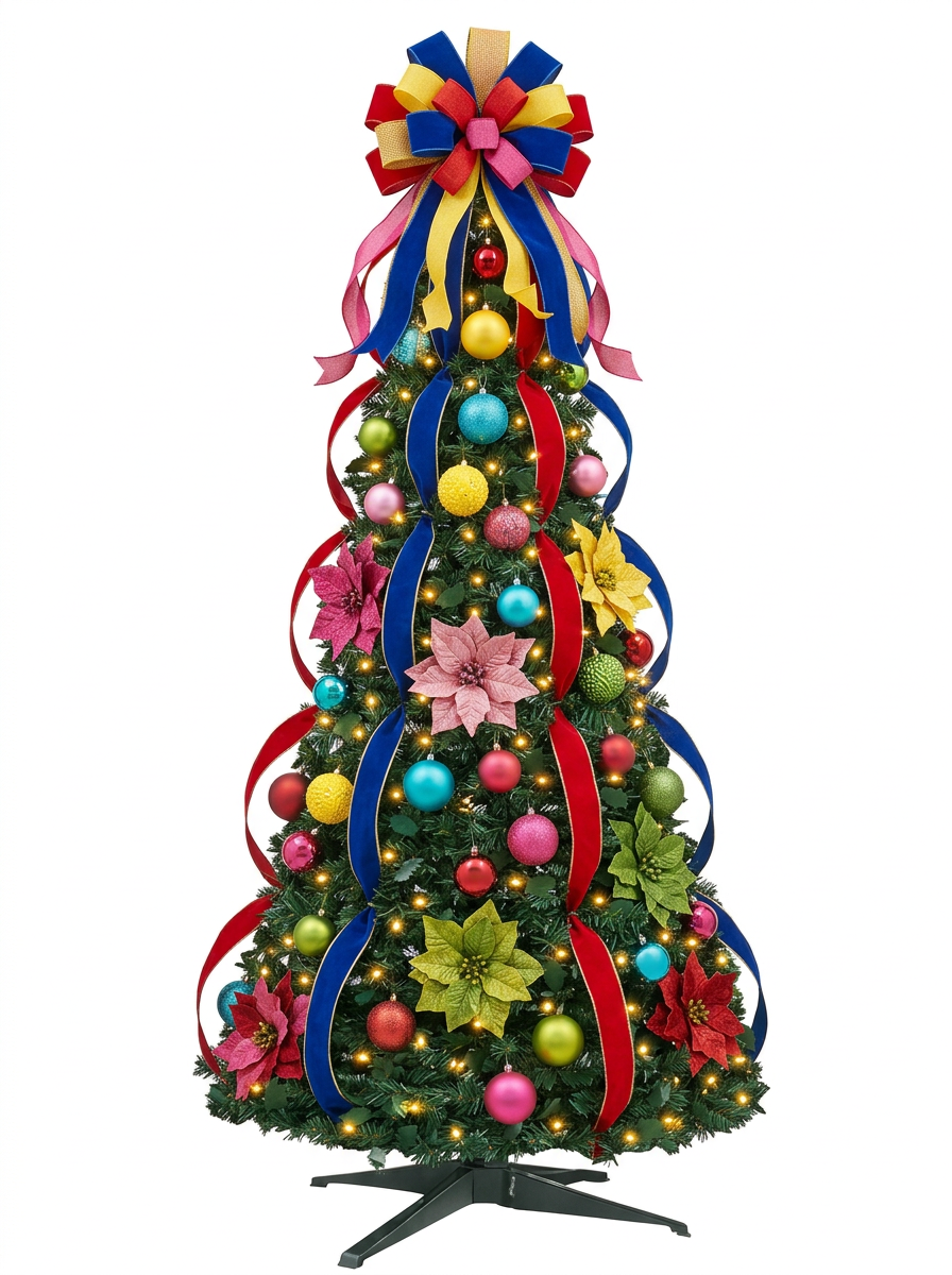 Árvore de Natal Decorada com Laços Coloridos e Bolas Alegres, com folhagem verde, decoração abundante e base preta, em fundo neutro