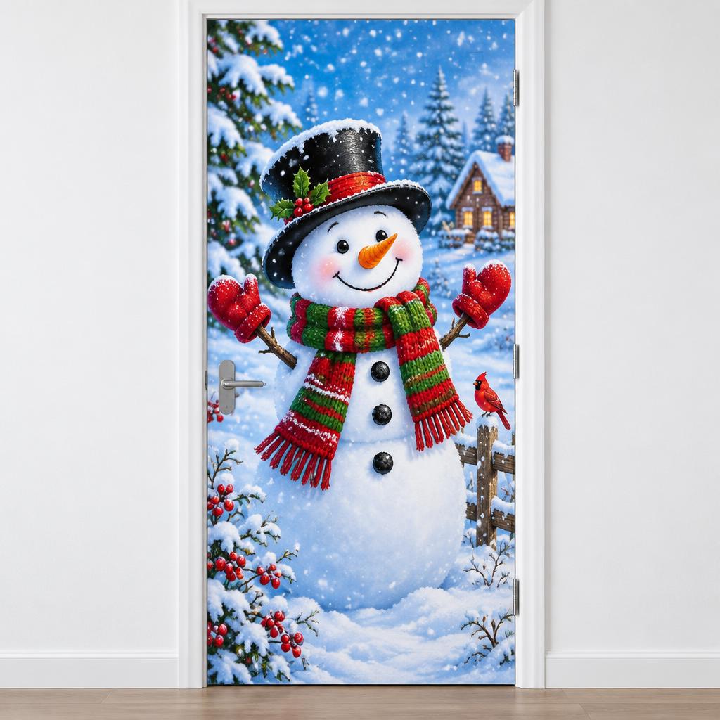 Imagem ilustrativa de capa de porta boneco de neve sorridente com cachecol.