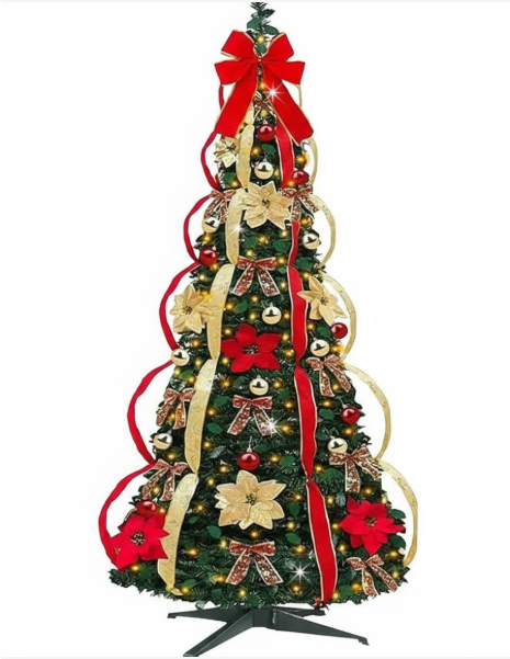 Árvore de Natal decorada com laço vermelho no topo e flores vermelhas e douradas