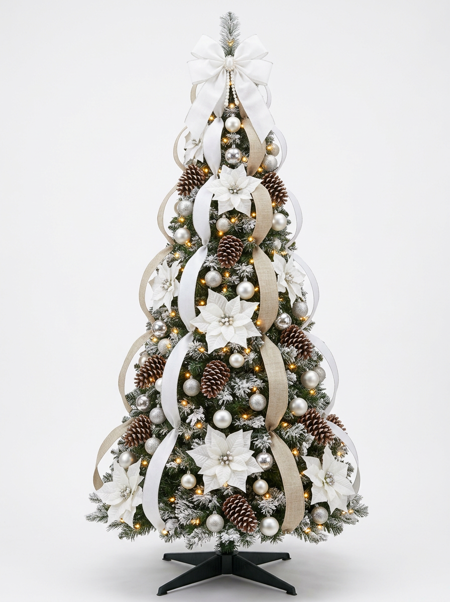 Árvore de Natal Decorada Nevada com Pinhas e Fitas Brancas, com folhagem verde, decoração abundante e base preta, em fundo neutro