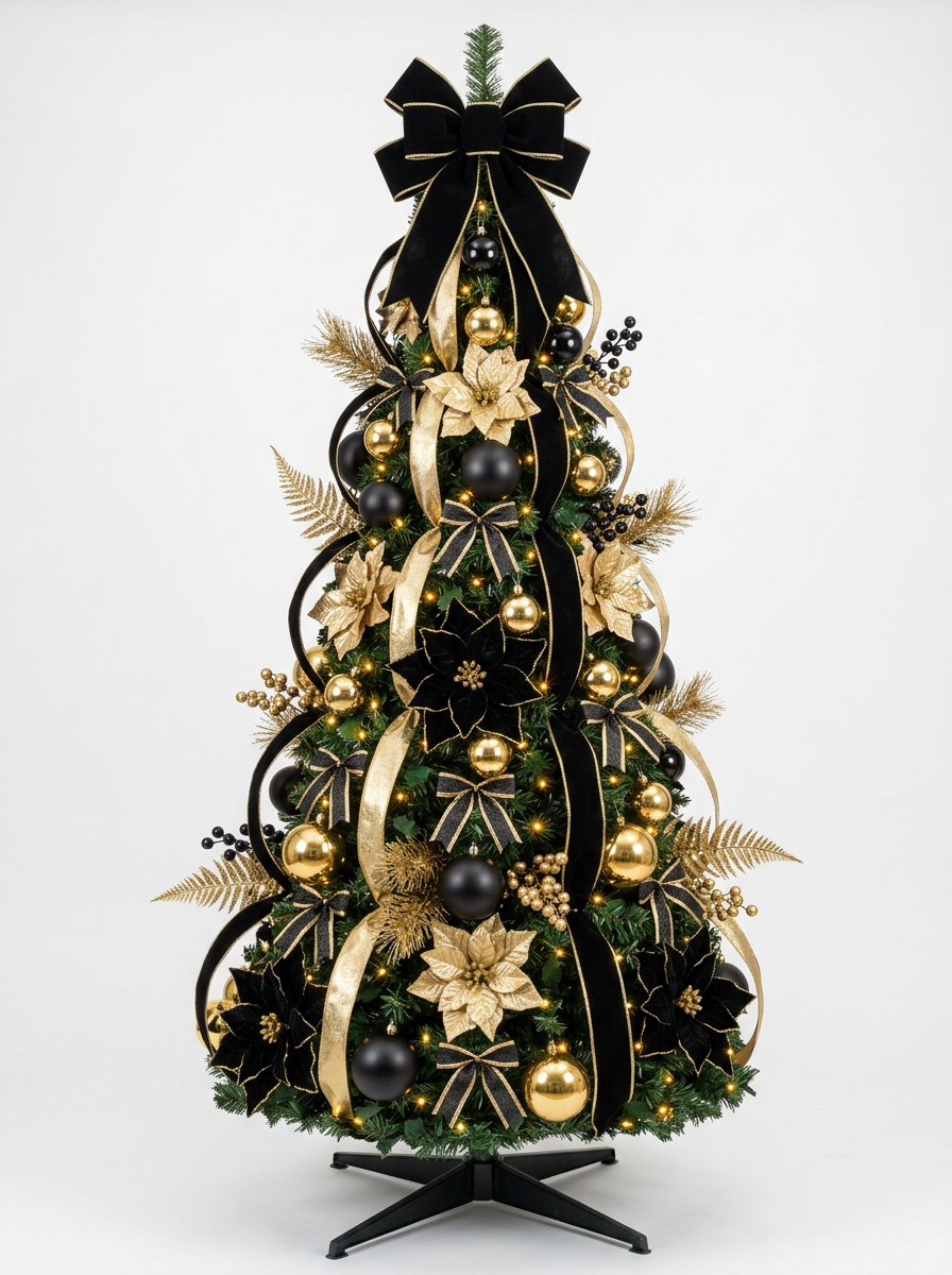 Árvore de Natal Decorada com Laço Preto e Dourado, com folhagem verde, decoração abundante e base preta, em fundo neutro
