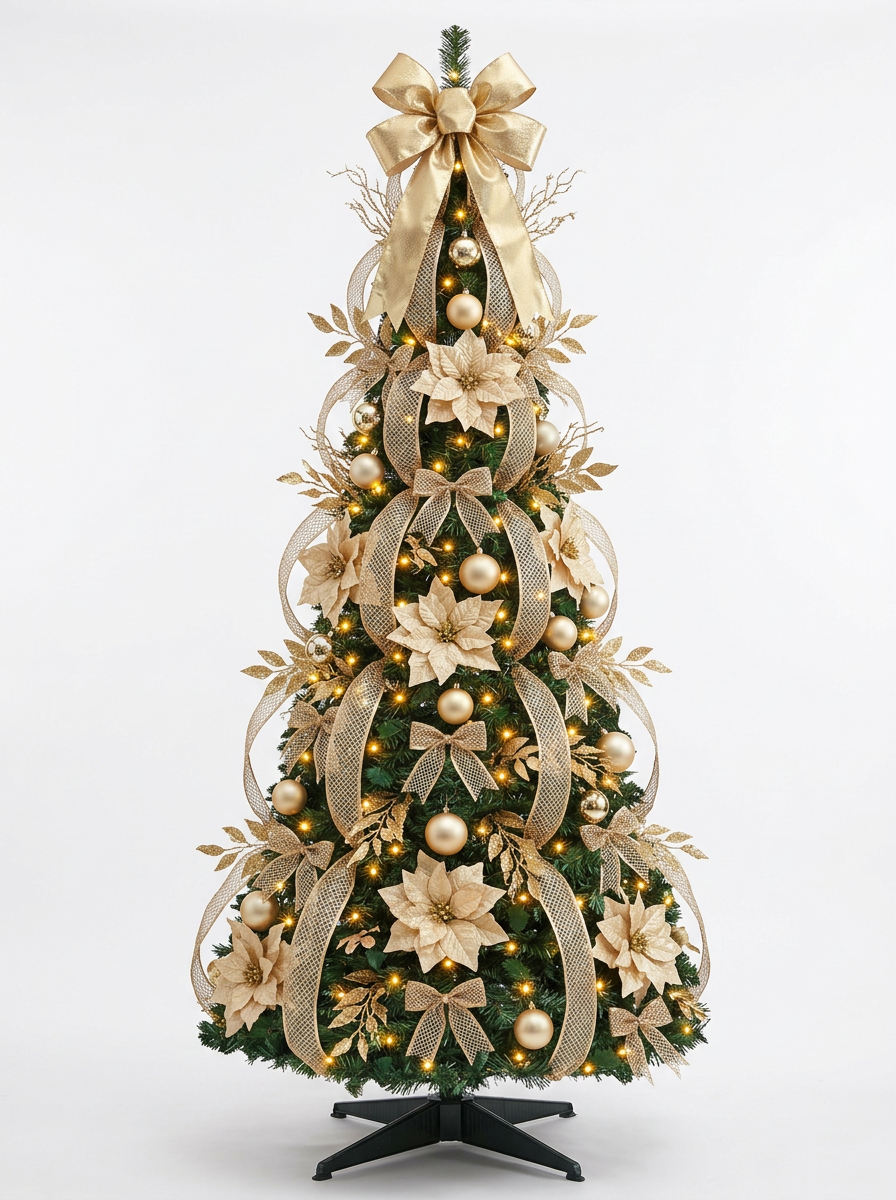 Árvore de Natal Decorada com Laço Dourado e Flores Champanhe, com folhagem verde, decoração abundante e base preta, em fundo neutro