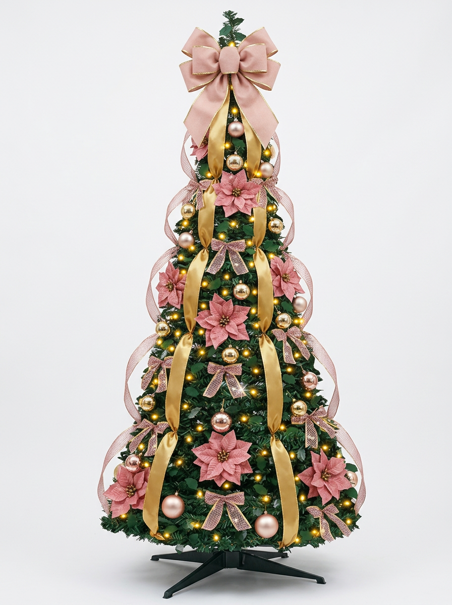 Árvore de Natal Decorada com Flores Rosé e Fitas Douradas, com folhagem verde, decoração abundante e base preta, em fundo neutro