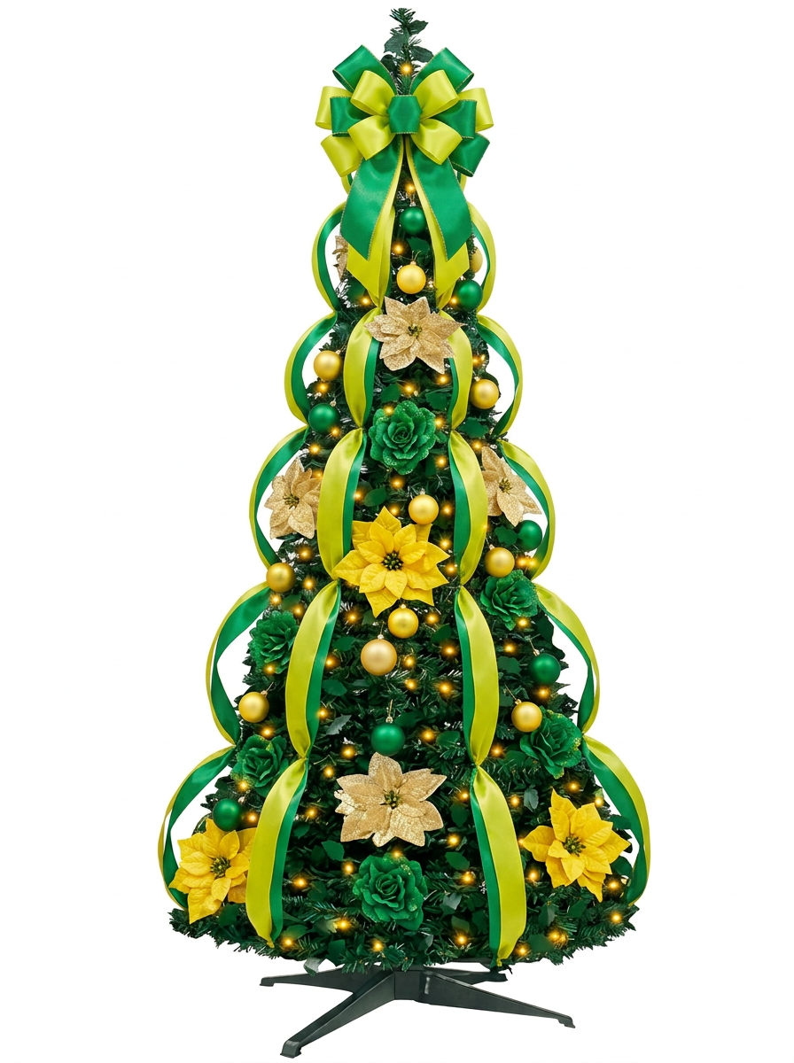 Árvore de Natal Decorada com Laço Verde e Amarelo (Natal Brasileiro), com folhagem verde, decoração abundante e base preta, em fundo neutro