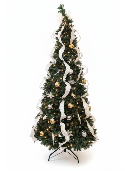Árvore de Natal decorada com fitas brancas e bolas prateadas e douradas
