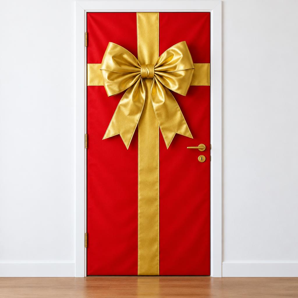 Imagem ilustrativa de capa de porta presente de natal vermelho e dourado.