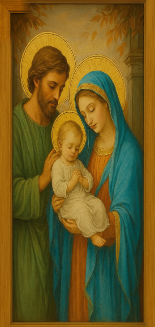 Estampa da Sagrada Família com José, Maria e o menino Jesus em tons dourados, verdes e azuis.
