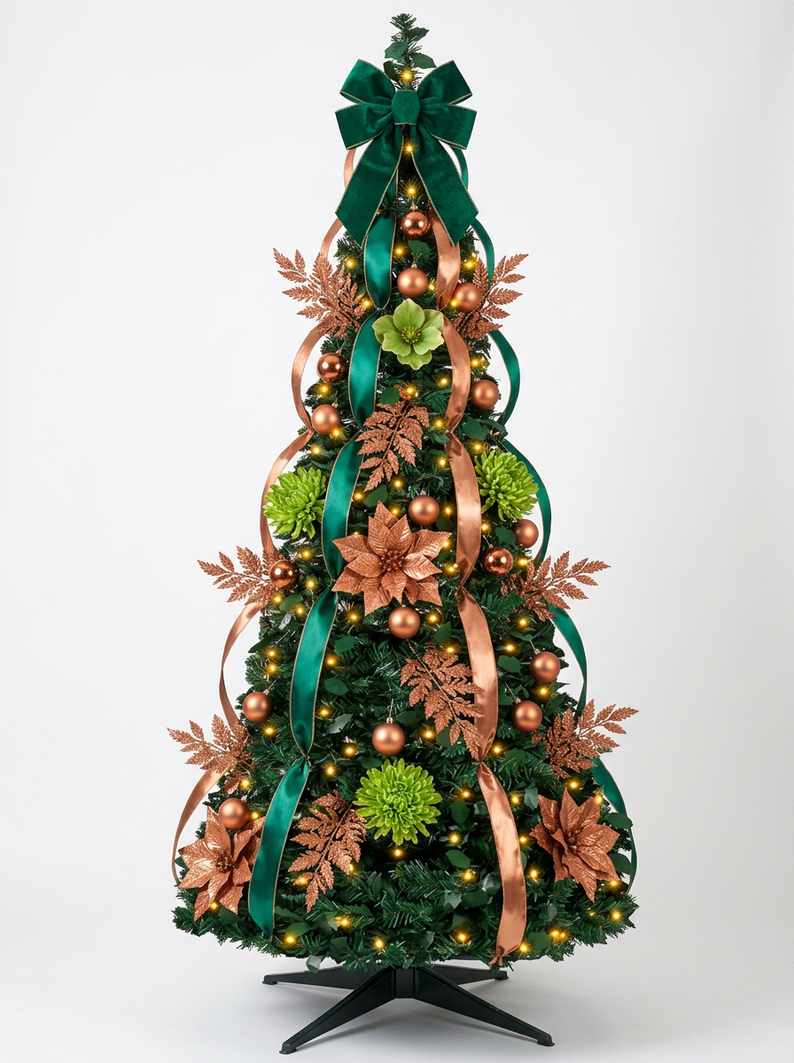 Árvore de Natal Decorada com Fitas Verde Esmeralda e Cobre, com folhagem verde, decoração abundante e base preta, em fundo neutro