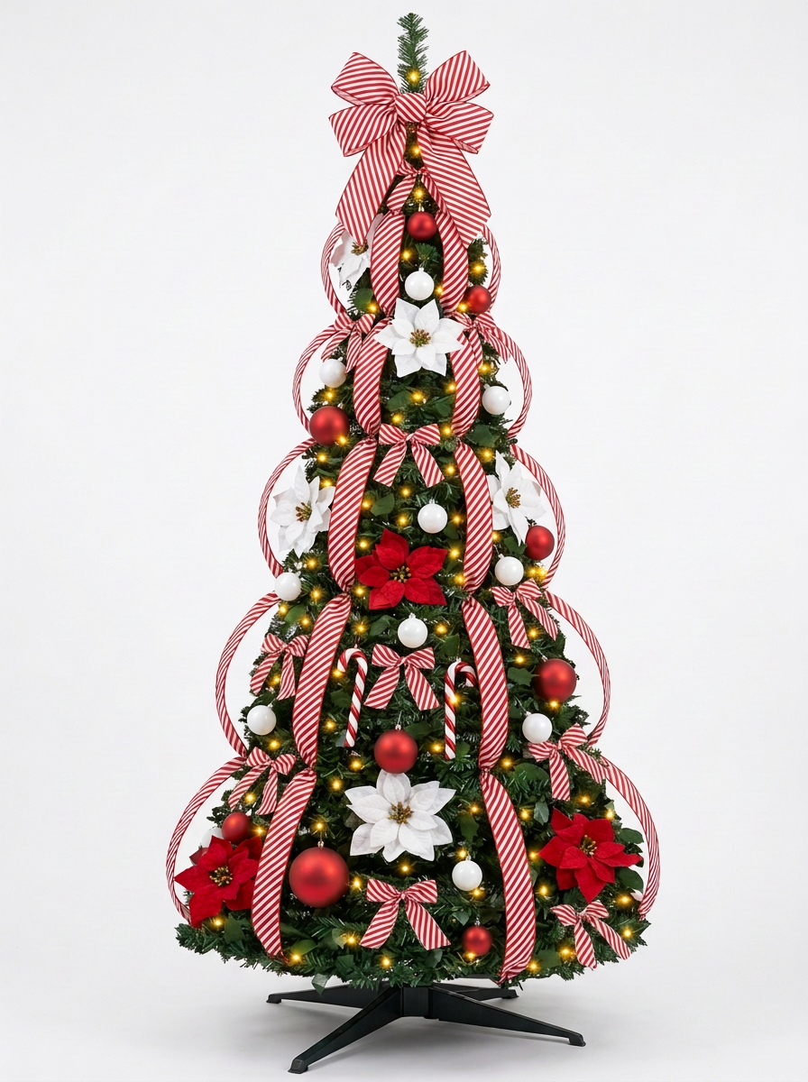 Árvore de Natal Decorada com Fitas Listradas Vermelhas e Brancas, com folhagem verde, decoração abundante e base preta, em fundo neutro