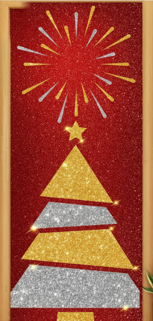 Estampa vermelha com árvore geométrica dourada e prateada, estrela e raios decorativos.