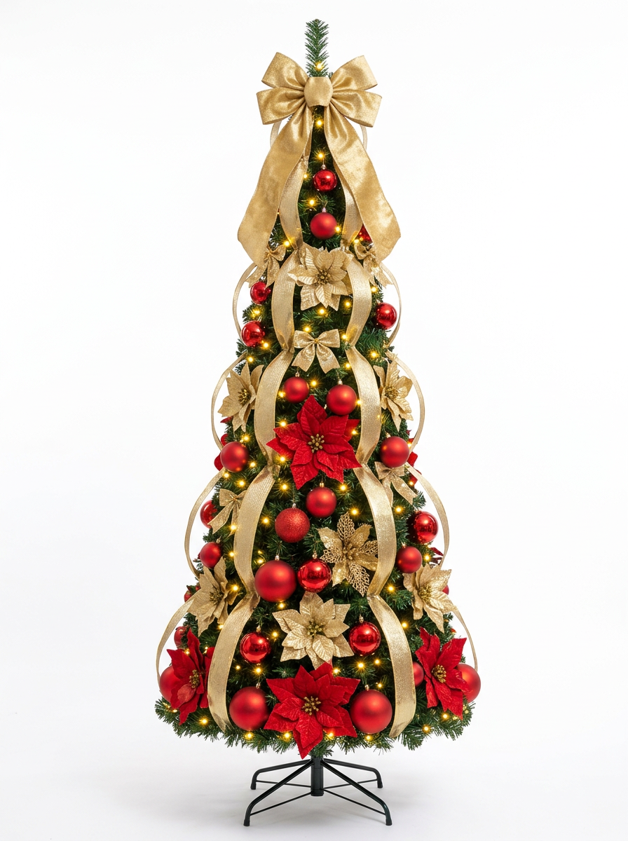 Árvore de Natal Decorada com Fitas Douradas e Bolas Vermelhas, com folhagem verde, decoração abundante e base preta, em fundo neutro