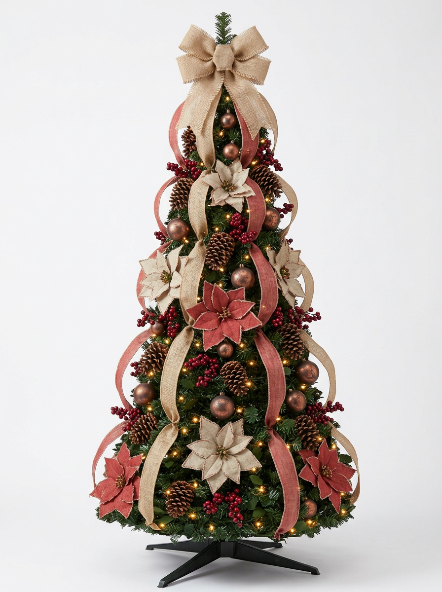 Árvore de Natal Decorada com Pinhas e Frutas Vermelhas, com folhagem verde, decoração abundante e base preta, em fundo neutro