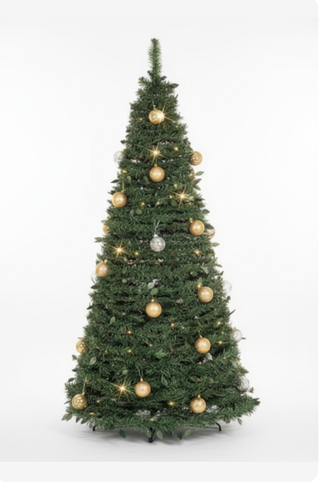 Árvore de Natal decorada com folhagem verde e bolas douradas e prateadas