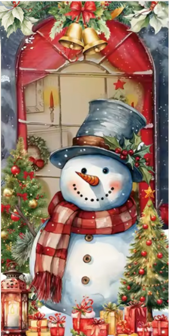 Estampa com boneco de neve de cartola azul, cachecol xadrez, sinos dourados, árvores e presentes.