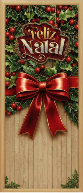 Estampa de porta com folhagens verdes, frutos vermelhos, laço vermelho e mensagem Feliz Natal.