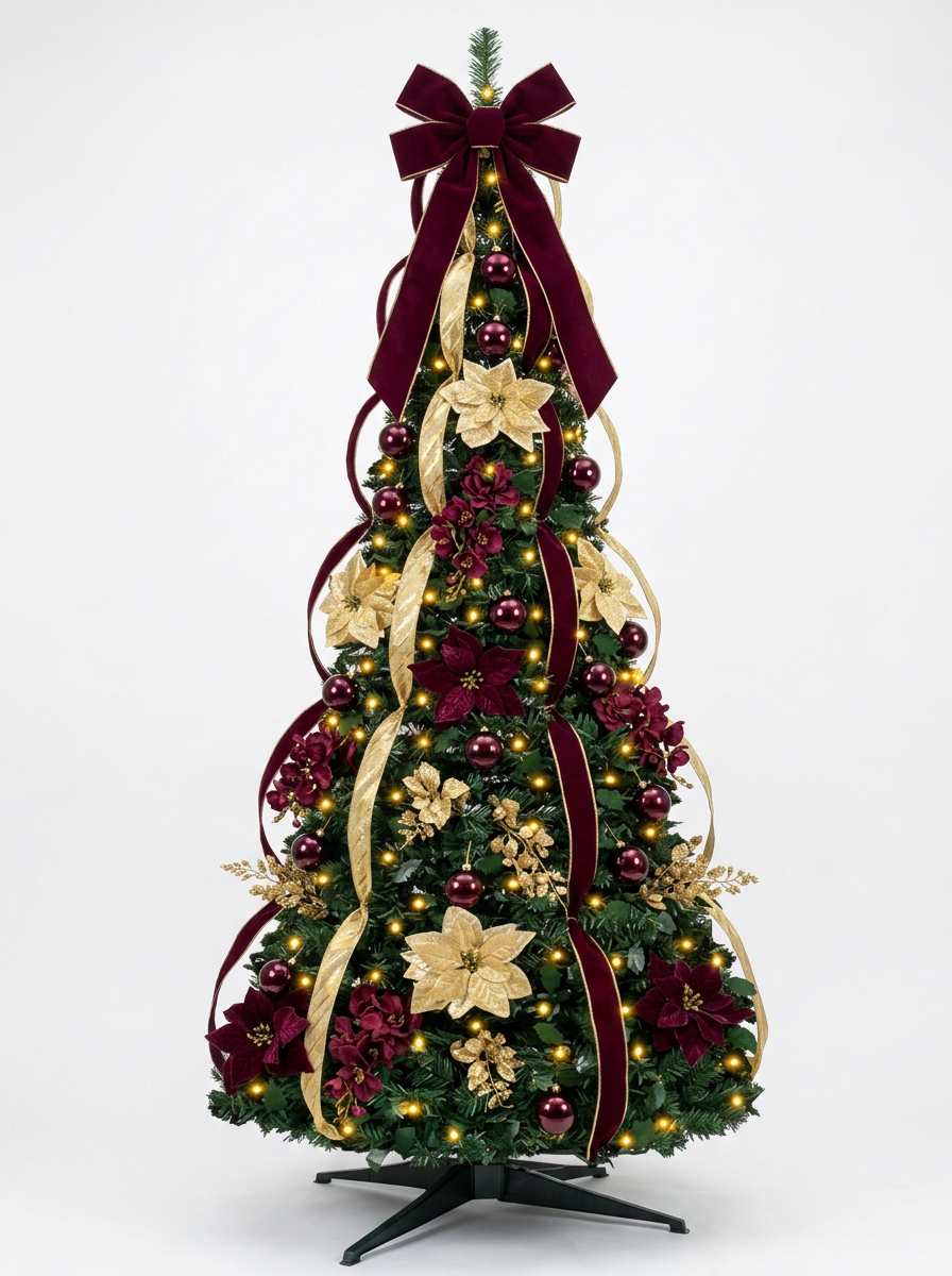 Árvore de Natal Decorada com Laços Vinho e Detalhes Dourados, com folhagem verde, decoração abundante e base preta, em fundo neutro